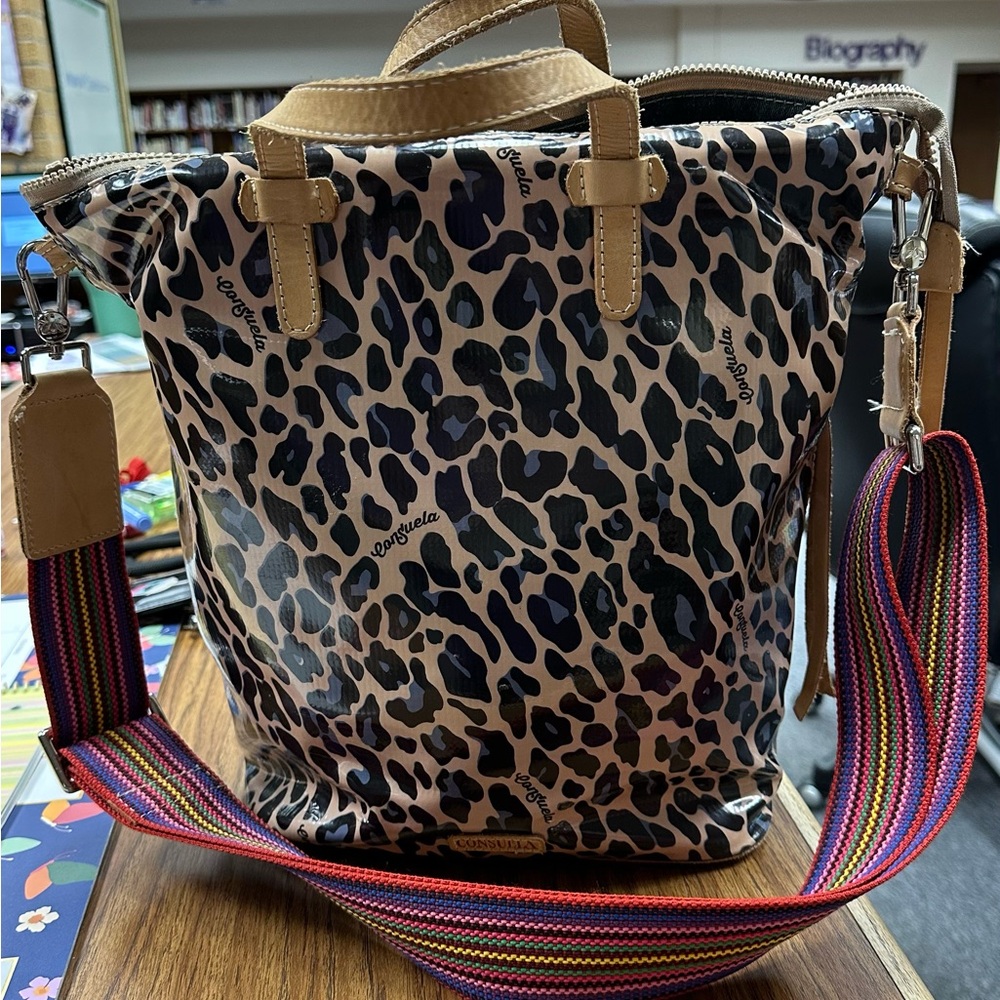 Consuela Leopard Print Backpack with Tan and Multicolor Strap